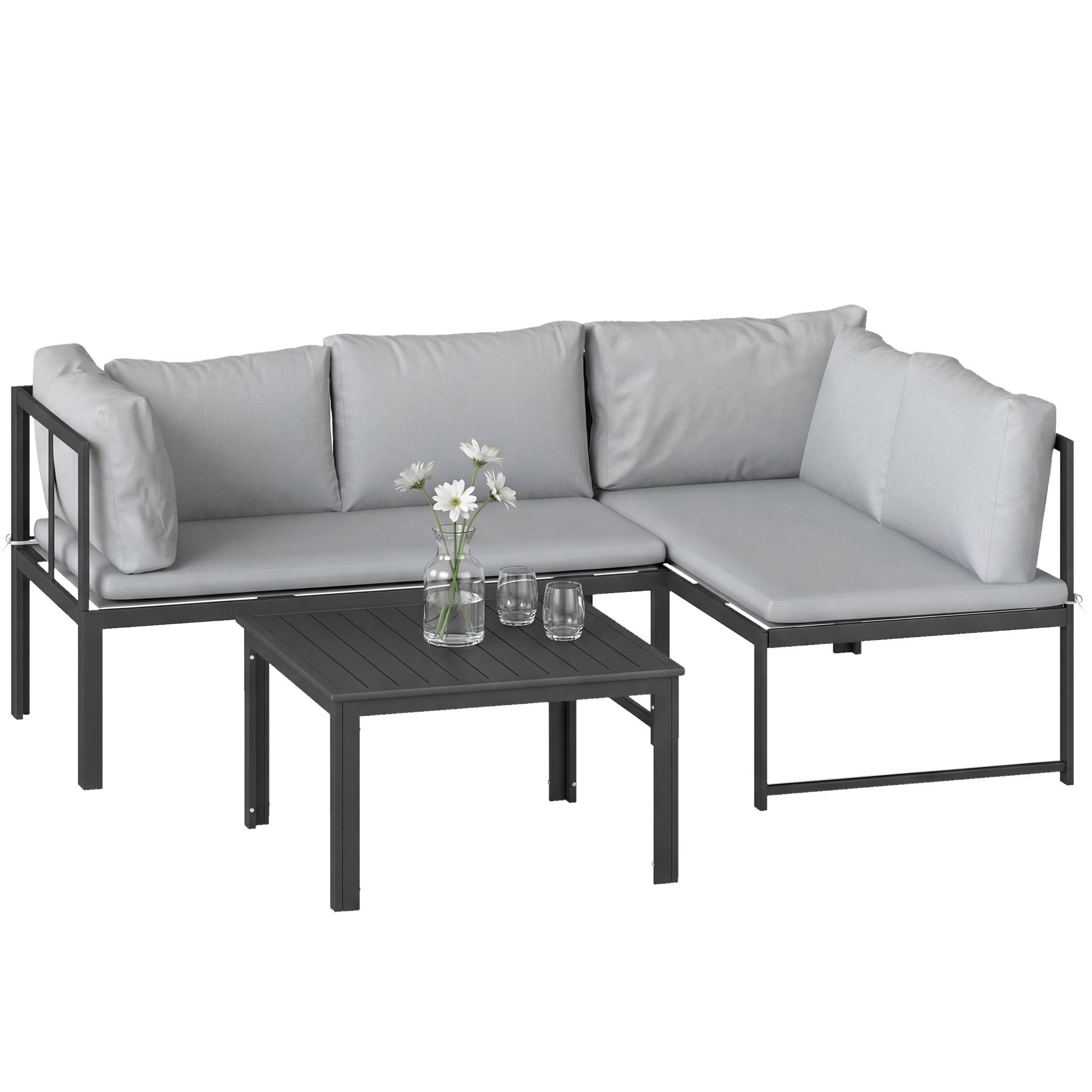 Salon de Jardin Mobilier de Terrasse 3 Pièces 4 Places Modulable avec Accoudoir Réglable Coussins Épais 16cm Gris - Image 2