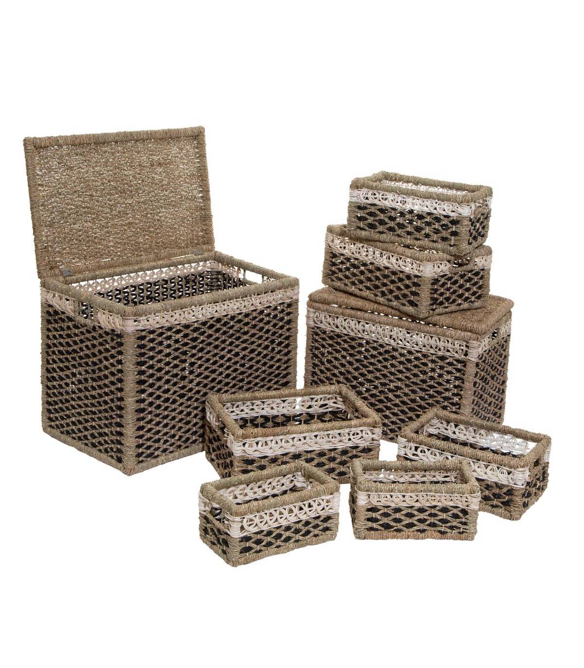 Set de 8 Paniers de rangement en Seagrass Beige et Noir - Image 1