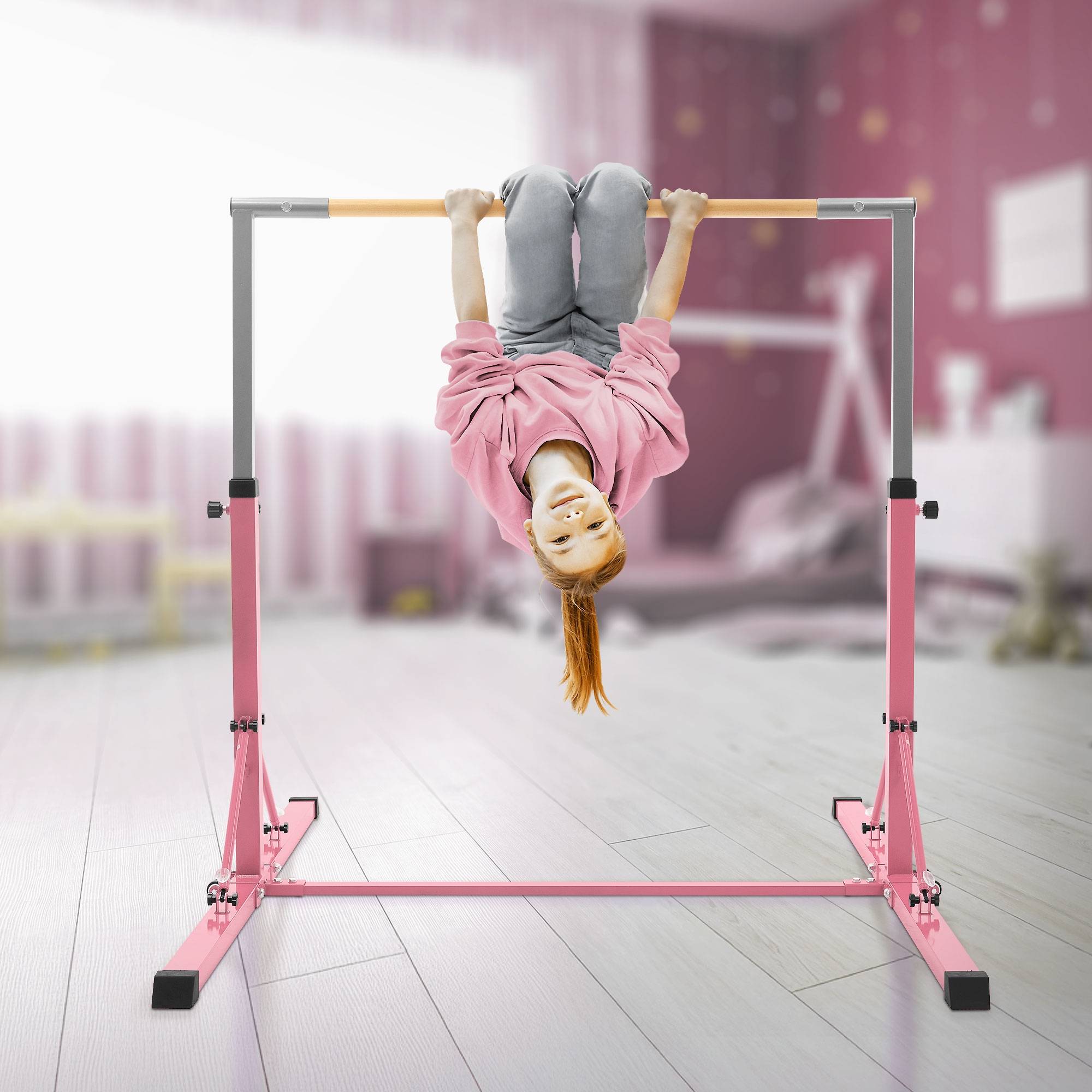 Barre de gymnastique pliable pour enfants rose hauteur réglable 95.5-150 cm structure en acier/bois appareil d'entraînement à la maison support stable - Image 9
