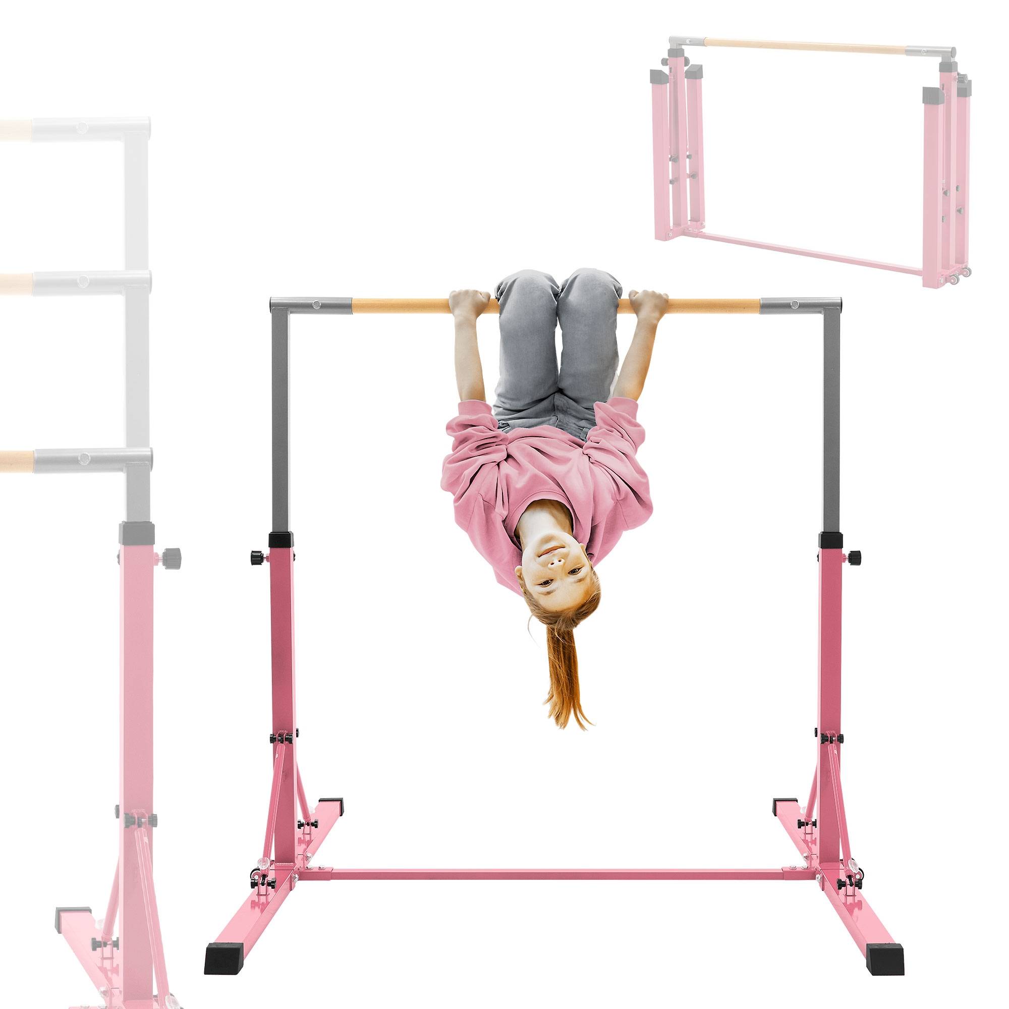Barre de gymnastique pliable pour enfants rose hauteur réglable 95.5-150 cm structure en acier/bois appareil d'entraînement à la maison support stable - Image 2