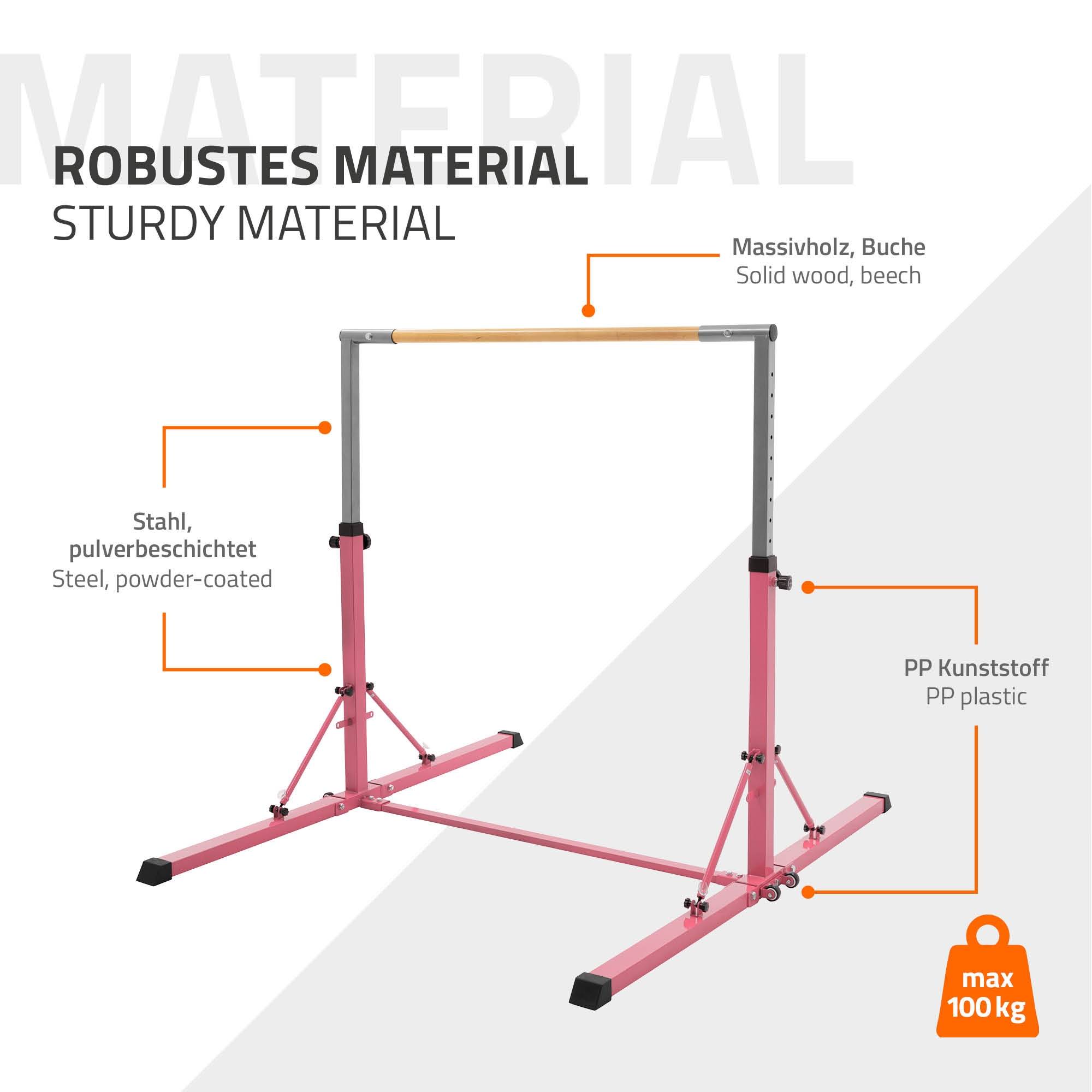 Barre de gymnastique pliable pour enfants rose hauteur réglable 95.5-150 cm structure en acier/bois appareil d'entraînement à la maison support stable - Image 7