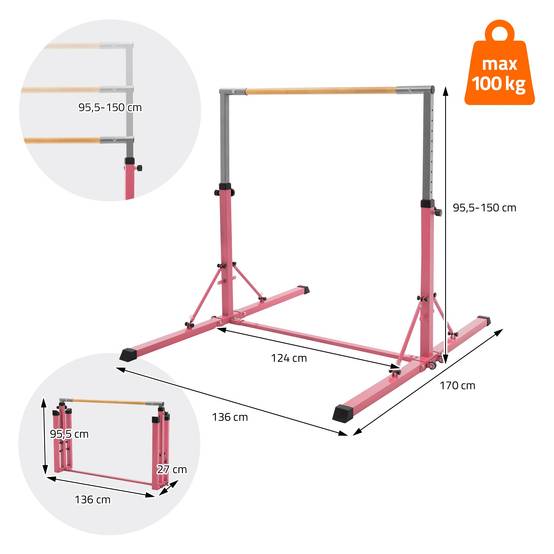 Barre de gymnastique pliable pour enfants rose hauteur réglable 95.5-150 cm structure en acier/bois appareil d'entraînement à la maison support stable - Image 8