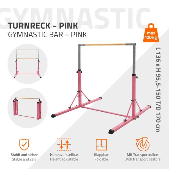 Barre de gymnastique pliable pour enfants rose hauteur réglable 95.5-150 cm structure en acier/bois appareil d'entraînement à la maison support stable - Image 3
