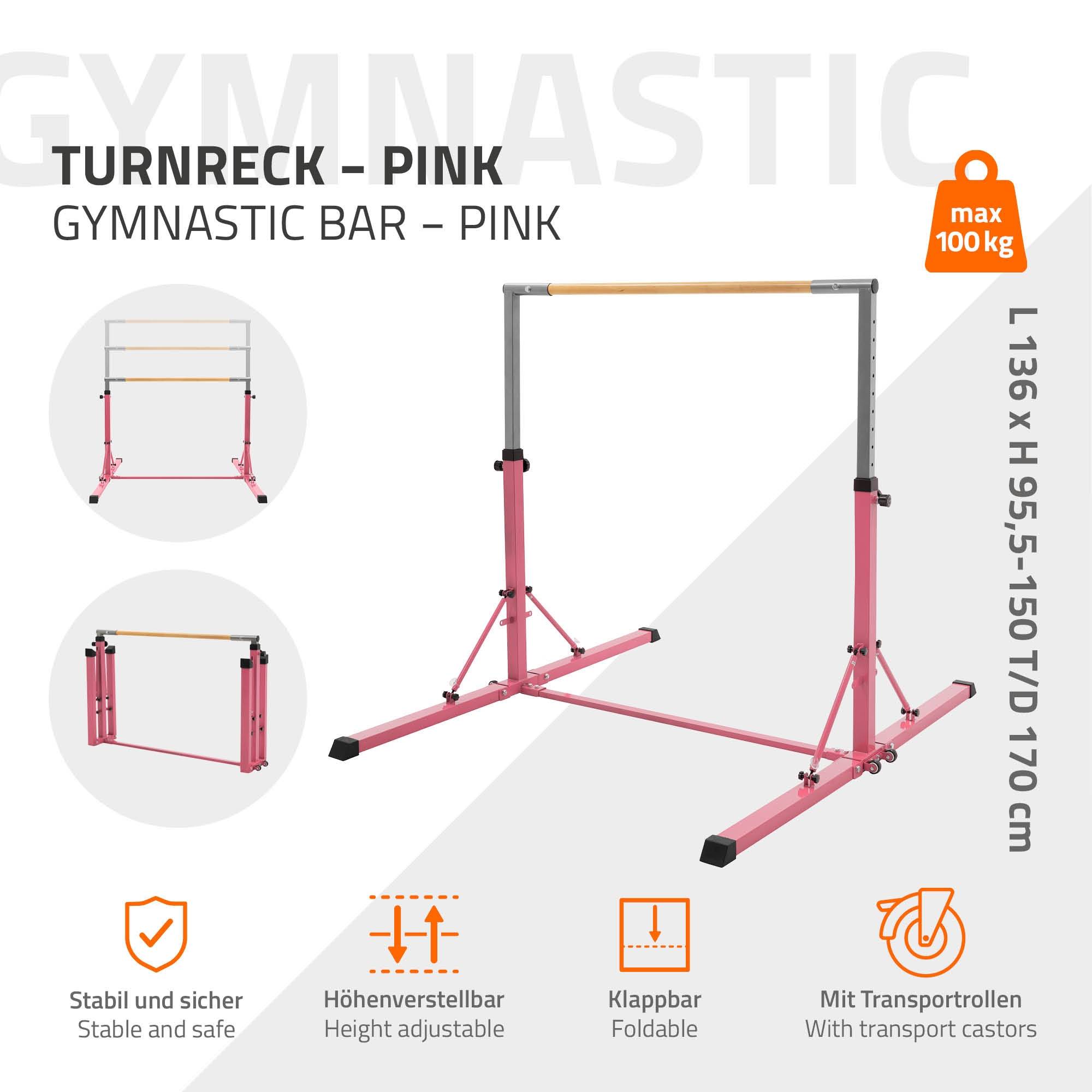 Barre de gymnastique pliable pour enfants rose hauteur réglable 95.5-150 cm structure en acier/bois appareil d'entraînement à la maison support stable - Image 3