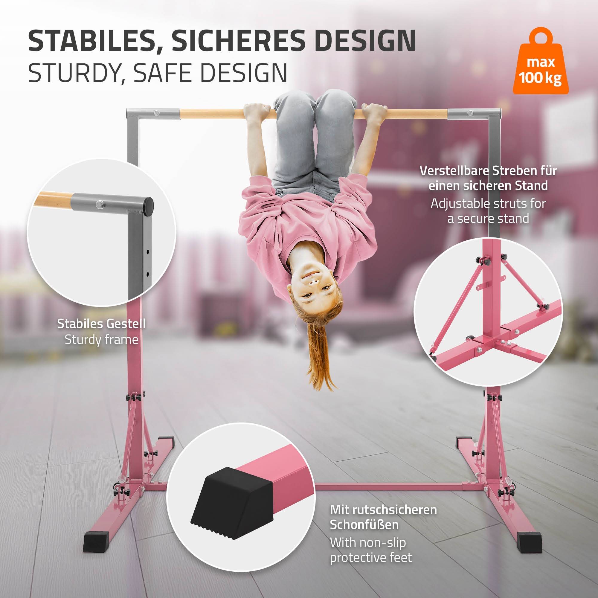Barre de gymnastique pliable pour enfants rose hauteur réglable 95.5-150 cm structure en acier/bois appareil d'entraînement à la maison support stable - Image 4