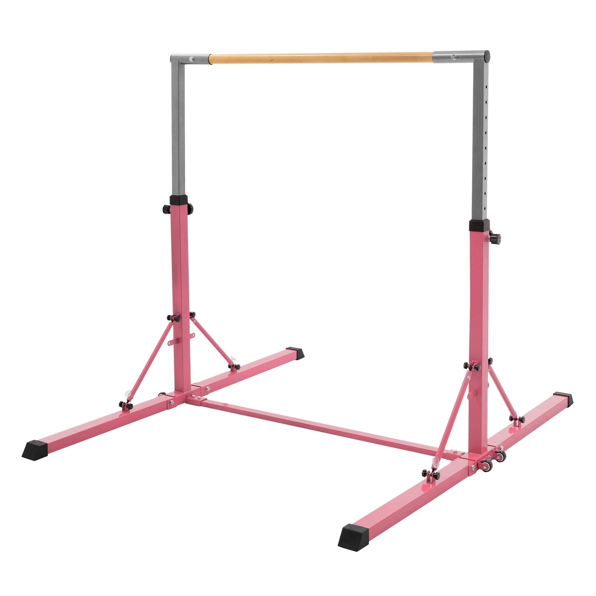 Barre de gymnastique pliable pour enfants rose hauteur réglable 95.5-150 cm structure en acier/bois appareil d'entraînement à la maison support stable - Image 1