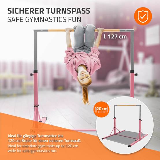 Barre de gymnastique pliable pour enfants rose hauteur réglable 95.5-150 cm structure en acier/bois appareil d'entraînement à la maison support stable - Image 6