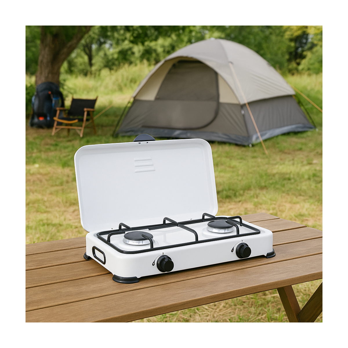 Réchaud à gaz 2 feux 3200W Brûleurs fonte amovibles Couvercle Plaque de cuisson Gaz Butane ou Propane GOLD - Image 7