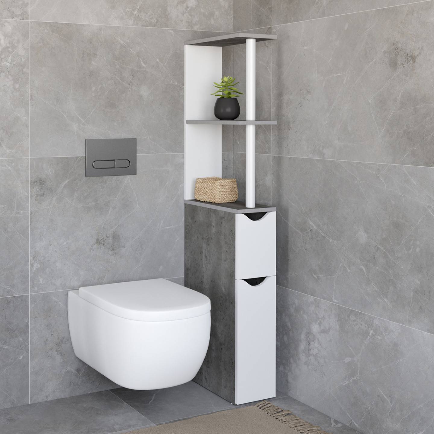 Meuble WC étagère WILLY bois gain de place pour toilette 2 portes blanc et effet béton - Image 2