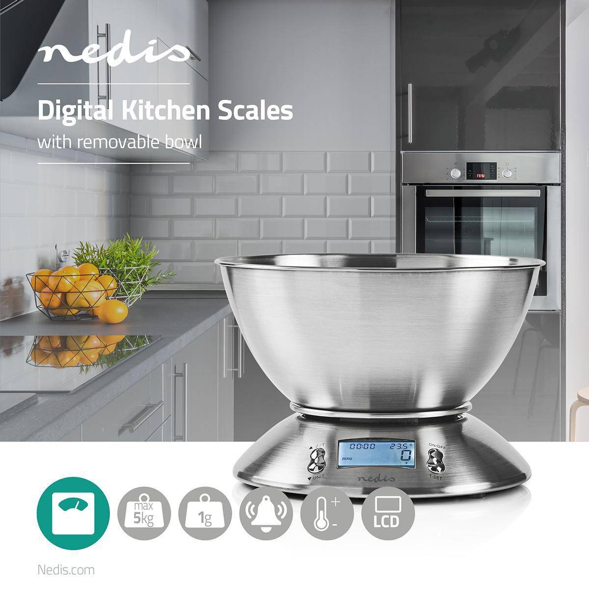 Balance de cuisine Numérique Ecran LCD Acier Bol amovible 5kg NEDIS - Image 3