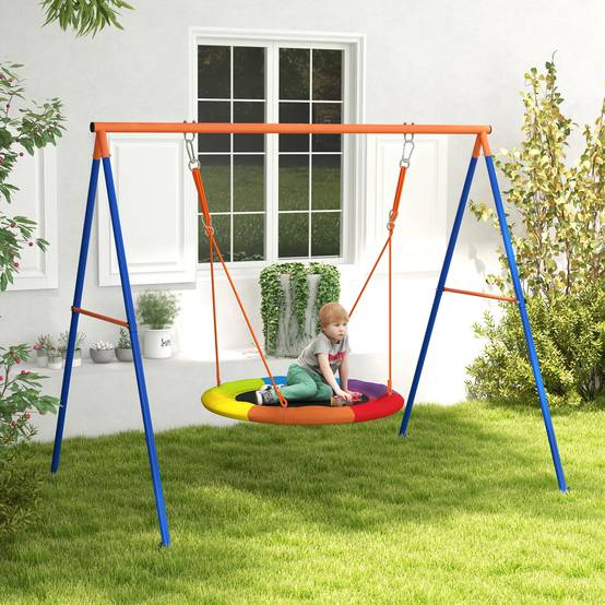 Balançoire nid jardin pour 1 à 2 enfants, métal renforcé, 196×172×180 cm, multicolore, structure robuste et stable - Image 1