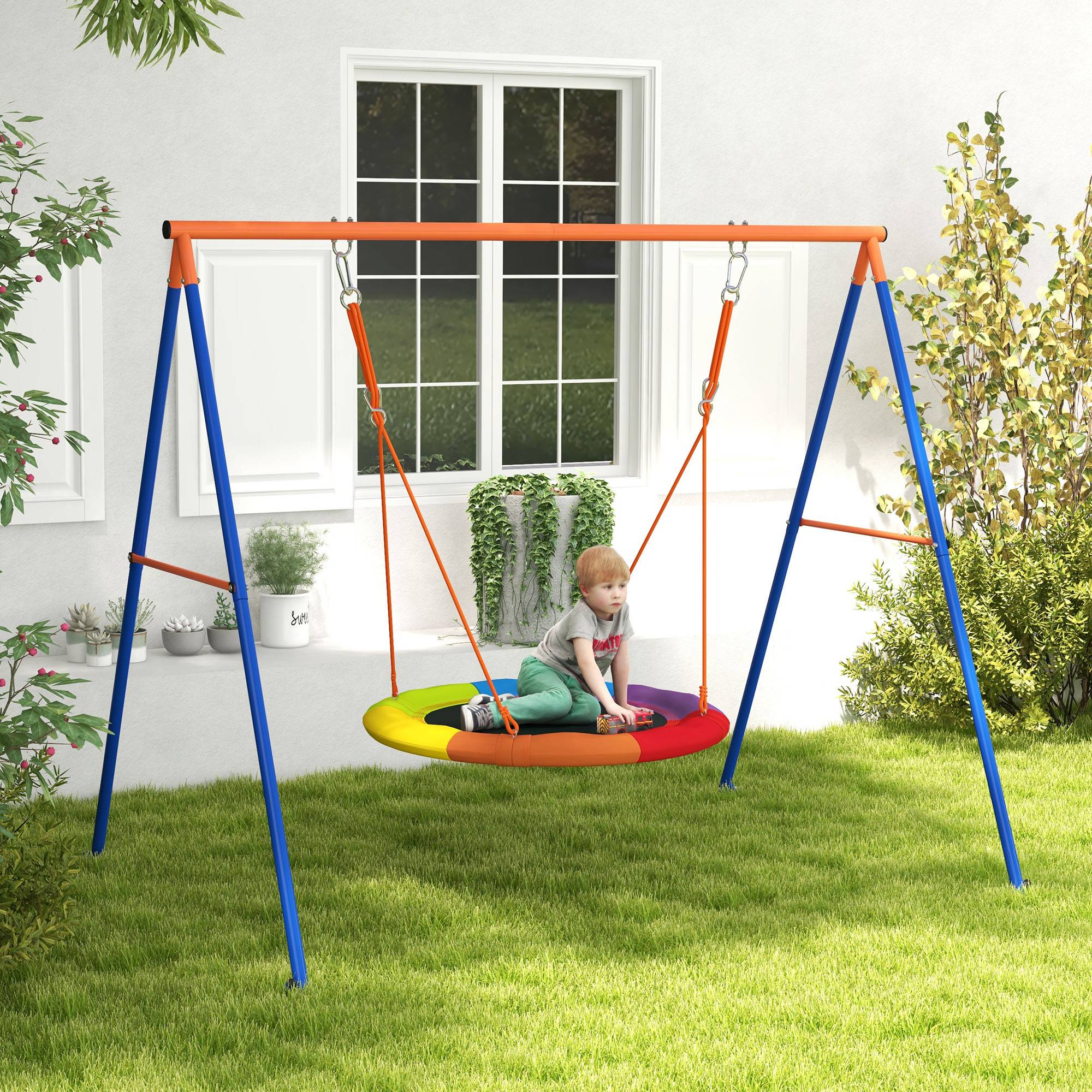 Balançoire nid jardin pour 1 à 2 enfants, métal renforcé, 196×172×180 cm, multicolore, structure robuste et stable - Image 1