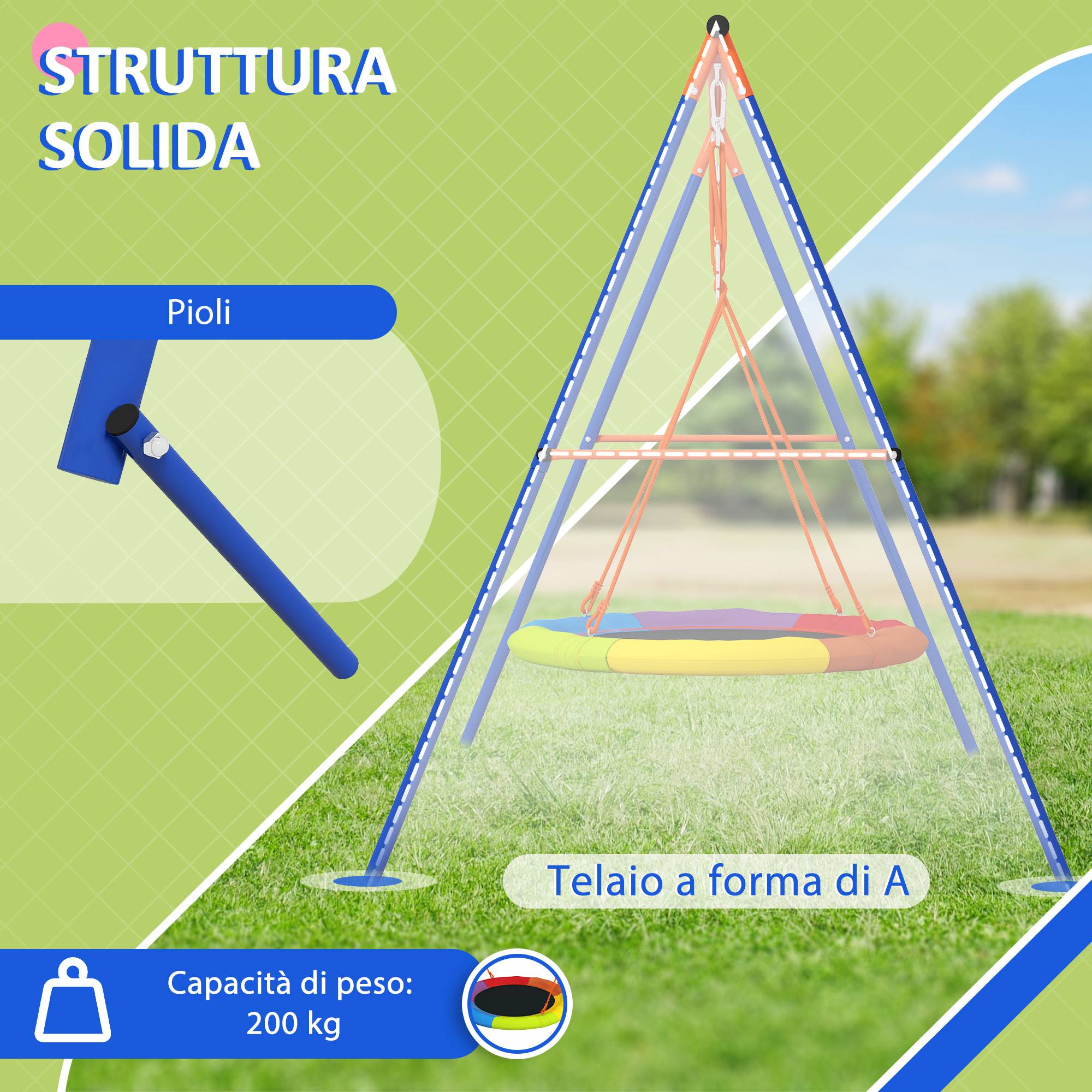 Balançoire nid jardin pour 1 à 2 enfants, métal renforcé, 196×172×180 cm, multicolore, structure robuste et stable - Image 4