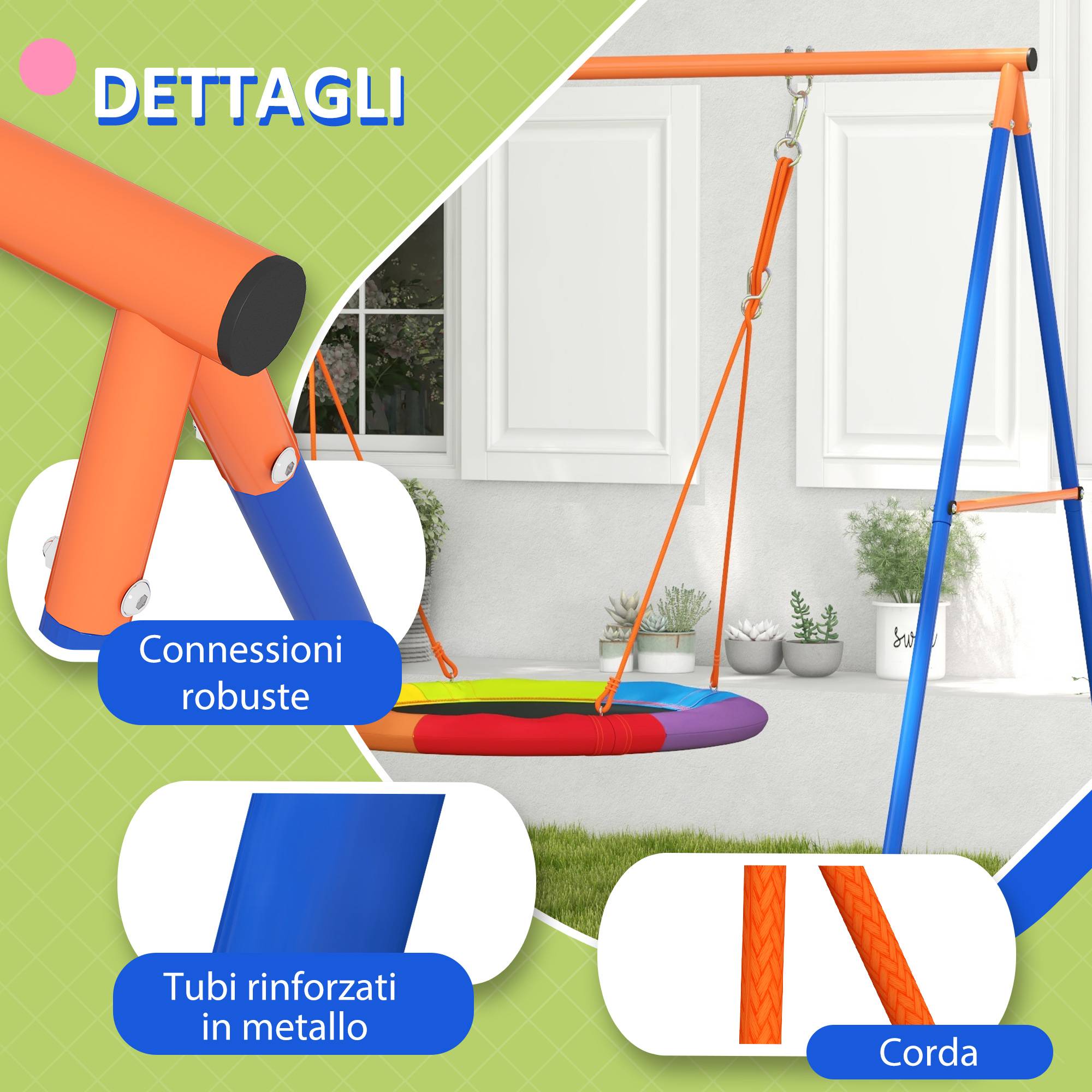 Balançoire nid jardin pour 1 à 2 enfants, métal renforcé, 196×172×180 cm, multicolore, structure robuste et stable - Image 7