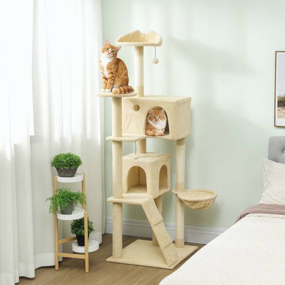 Grand Arbre à Chat XXL en Peluche avec Niches Hamac et Plateformes 180 cm Beige - ComfortXL Outdoor Living - Image 3