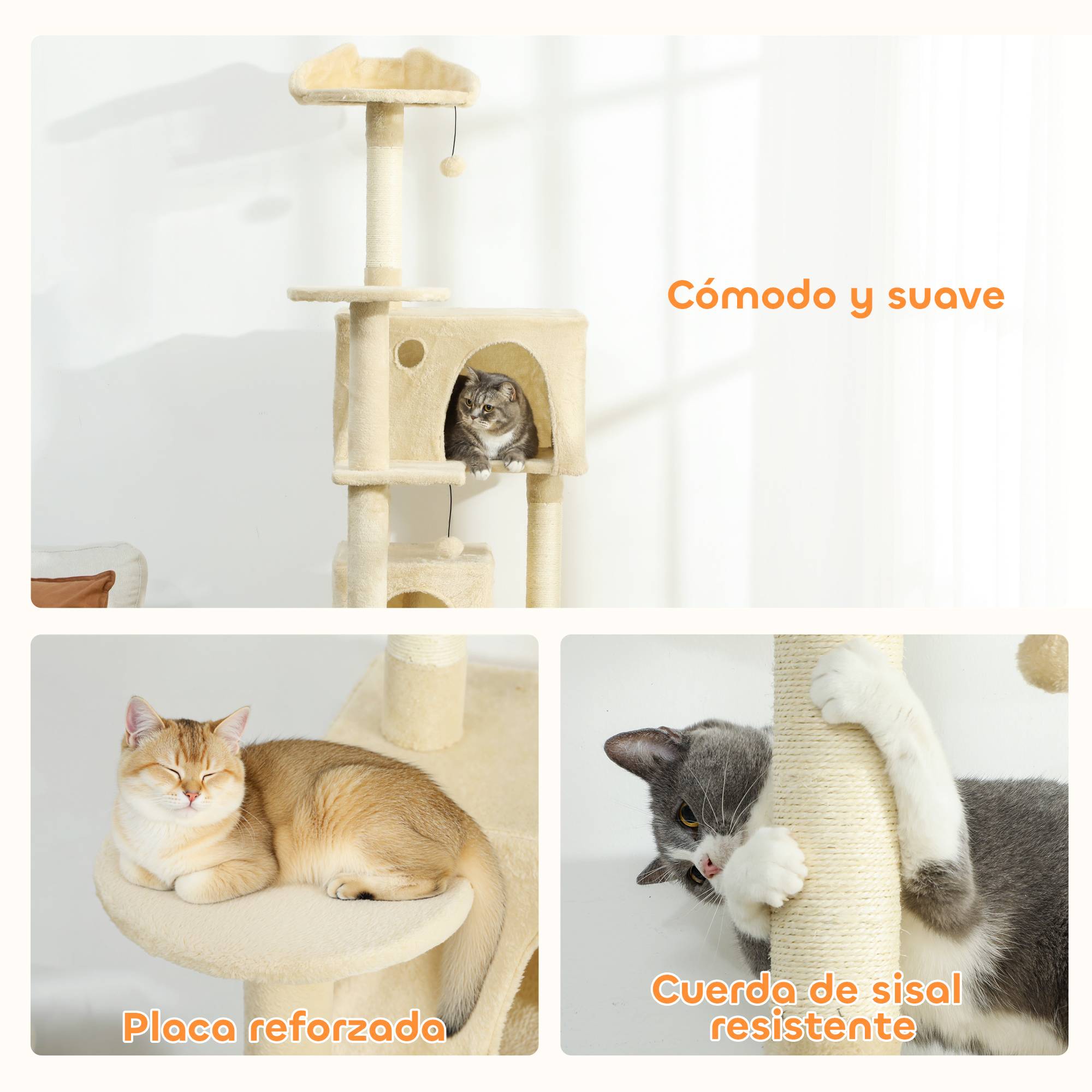 Grand Arbre à Chat XXL en Peluche avec Niches Hamac et Plateformes 180 cm Beige - ComfortXL Outdoor Living - Image 9