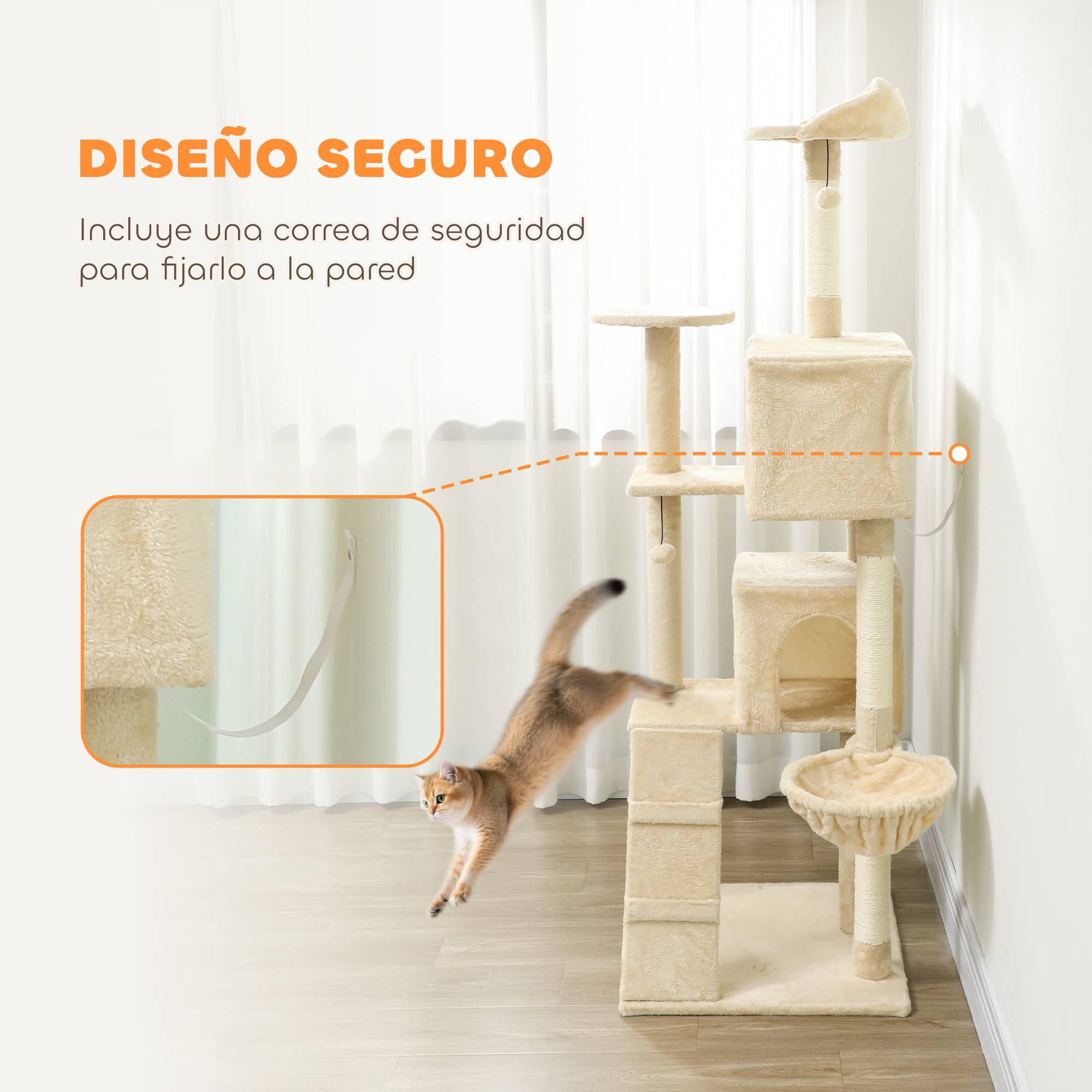 Grand Arbre à Chat XXL en Peluche avec Niches Hamac et Plateformes 180 cm Beige - ComfortXL Outdoor Living - Image 8