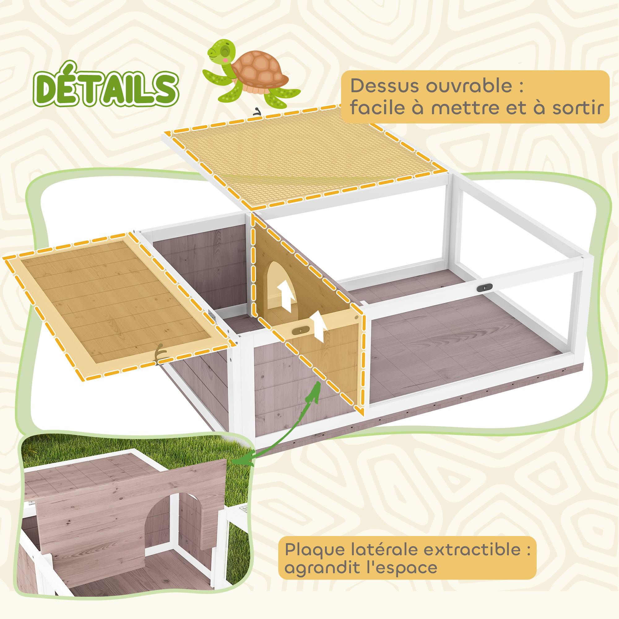 Maison enclos cage habitat pour petit animal tortues avec 2 espaces 91 x 60,5 x 32 cm bois massif marron clair - Image 7