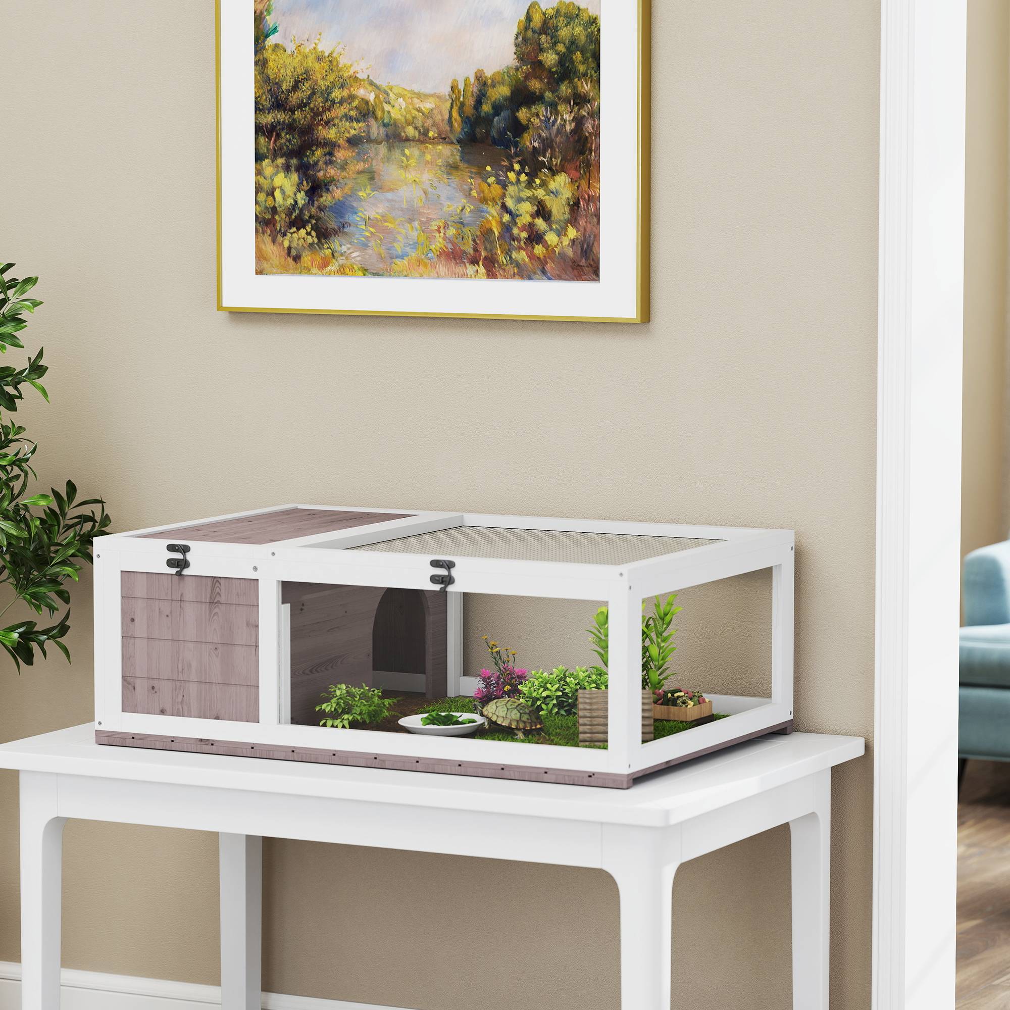 Maison enclos cage habitat pour petit animal tortues avec 2 espaces 91 x 60,5 x 32 cm bois massif marron clair - Image 4