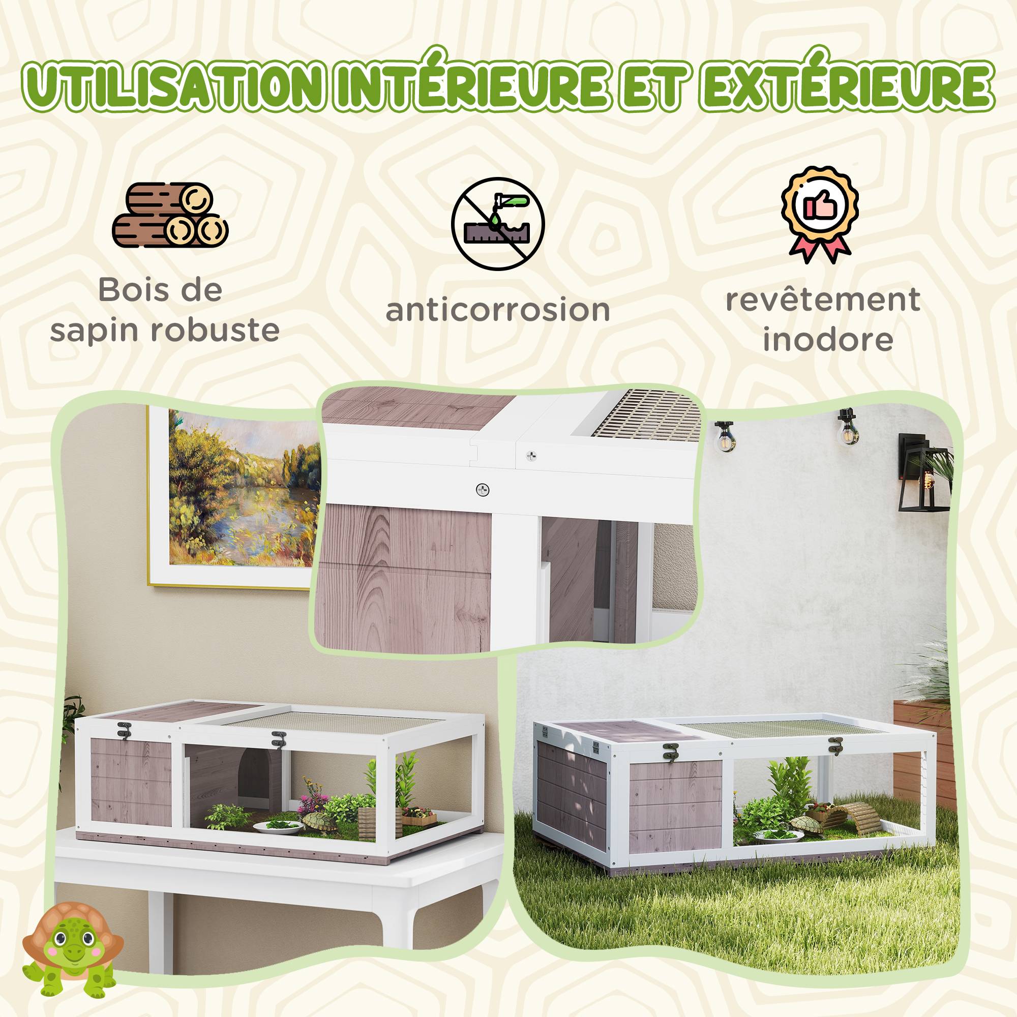 Maison enclos cage habitat pour petit animal tortues avec 2 espaces 91 x 60,5 x 32 cm bois massif marron clair - Image 6