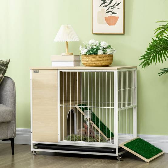 Cage à lapin avec réservoir d'eau et bac amovible, en aggloméré, acier et PVC, 78 x 52,5 x 76,5 cm - Image 4