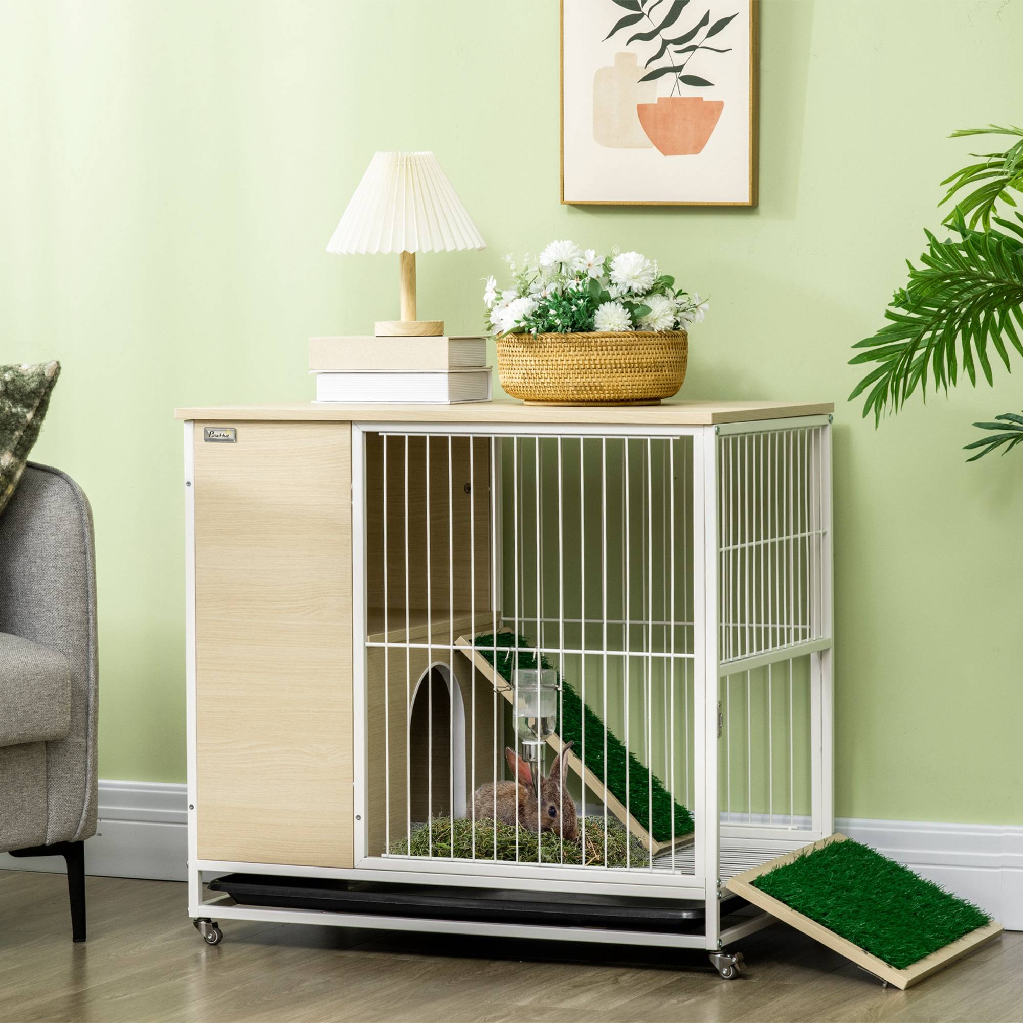Cage à lapin avec réservoir d'eau et bac amovible, en aggloméré, acier et PVC, 78 x 52,5 x 76,5 cm - Image 4