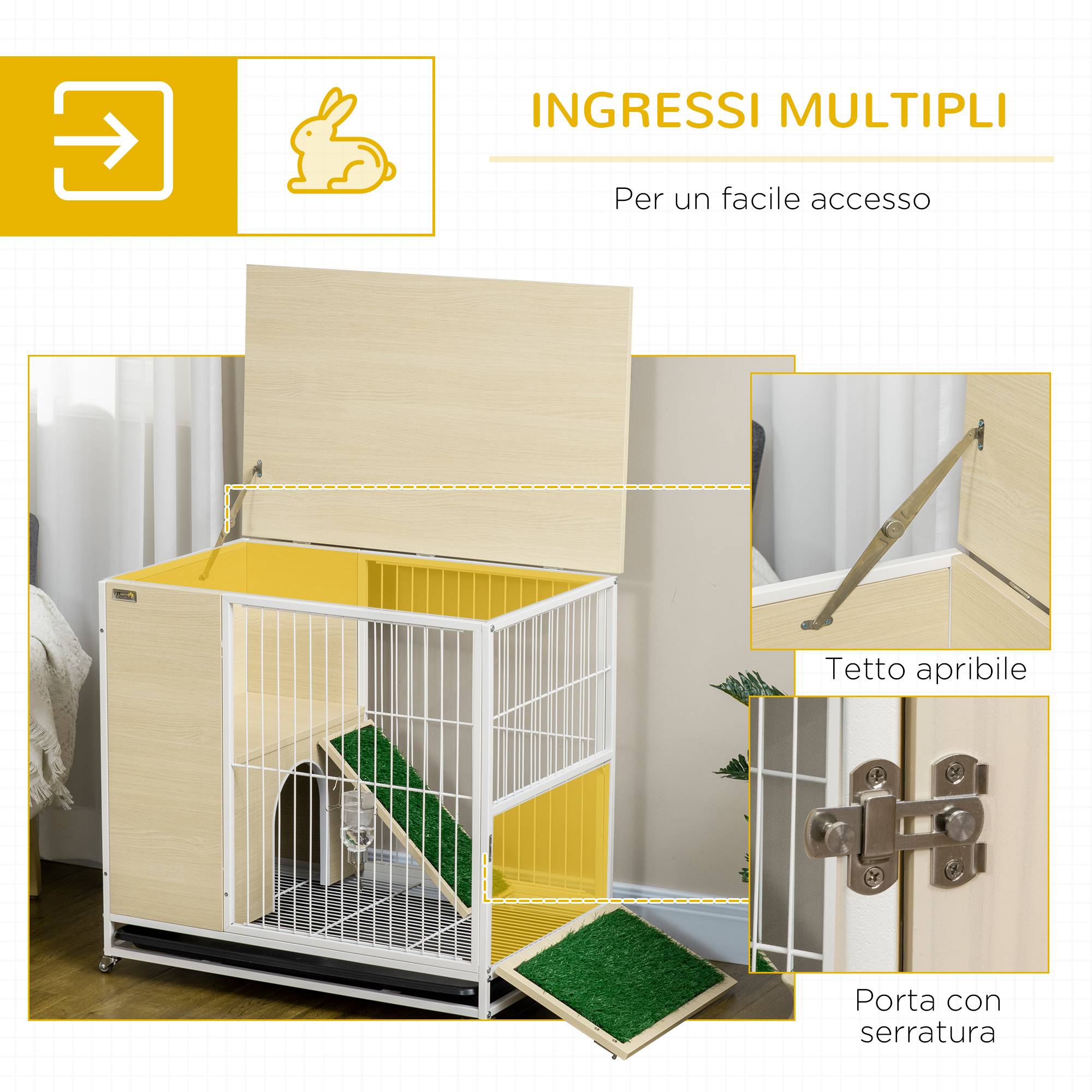 Cage à lapin avec réservoir d'eau et bac amovible, en aggloméré, acier et PVC, 78 x 52,5 x 76,5 cm - Image 7