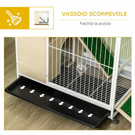 Cage à lapin avec réservoir d'eau et bac amovible, en aggloméré, acier et PVC, 78 x 52,5 x 76,5 cm - Image 8