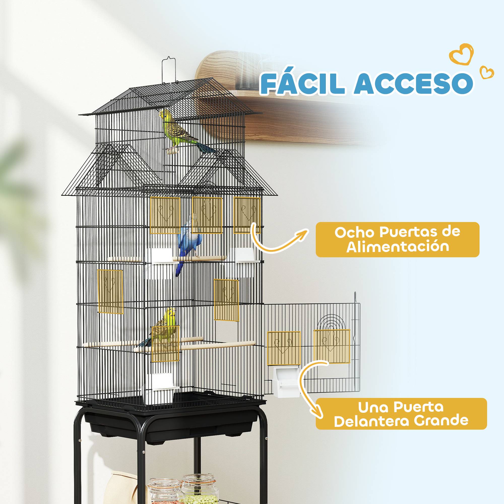 Cage à oiseaux avec roues, mangeoires, perchoirs, balançoire et plateau amovible 50,5 x 41 x 163 cm Noir - Image 8