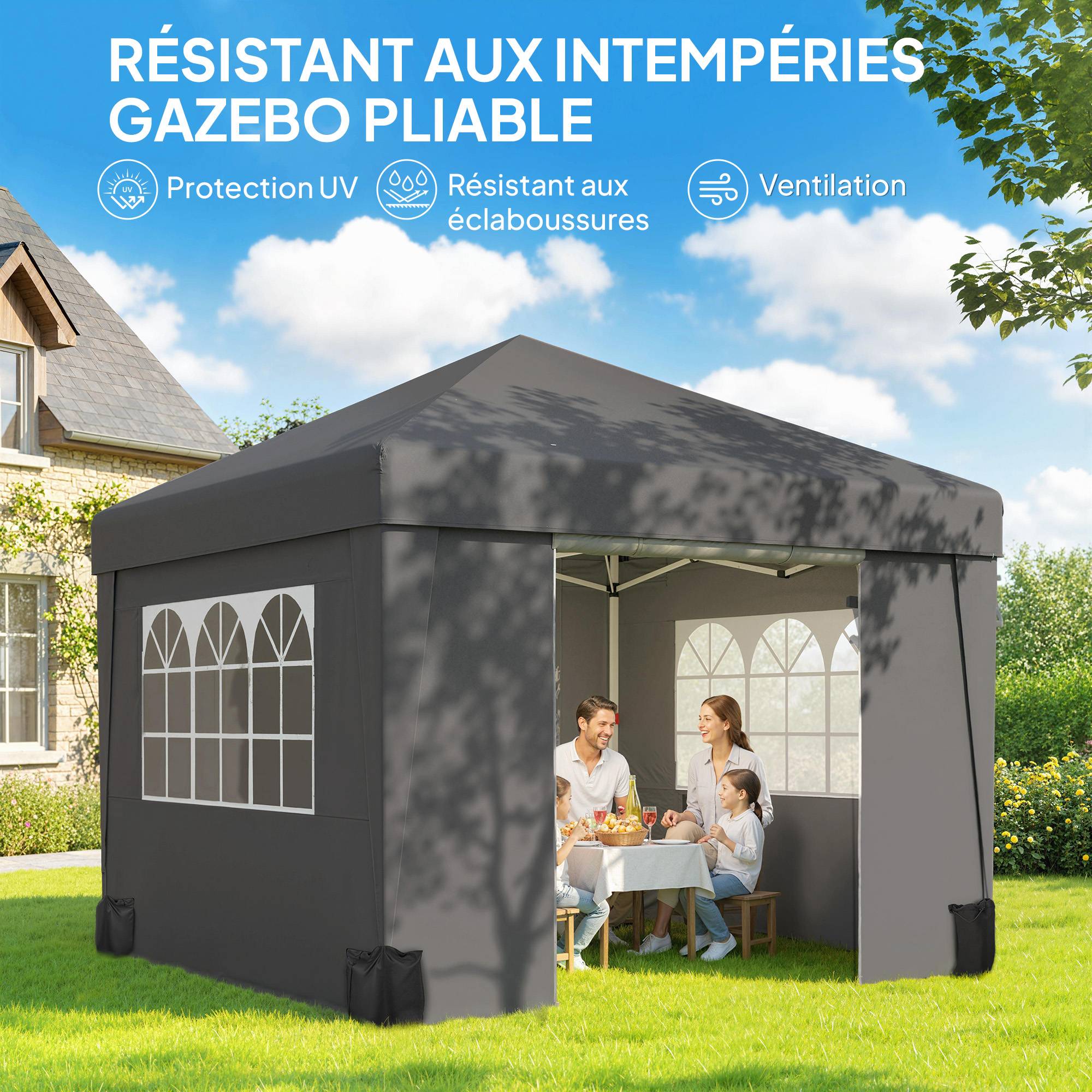 Outsunny - Tonnelle de jardin pop-up pliante 3x3m anti-UV 30+ avec fenêtres parois latérales sac de transport et sacs de sable anthracite - Outsunny - Image 8