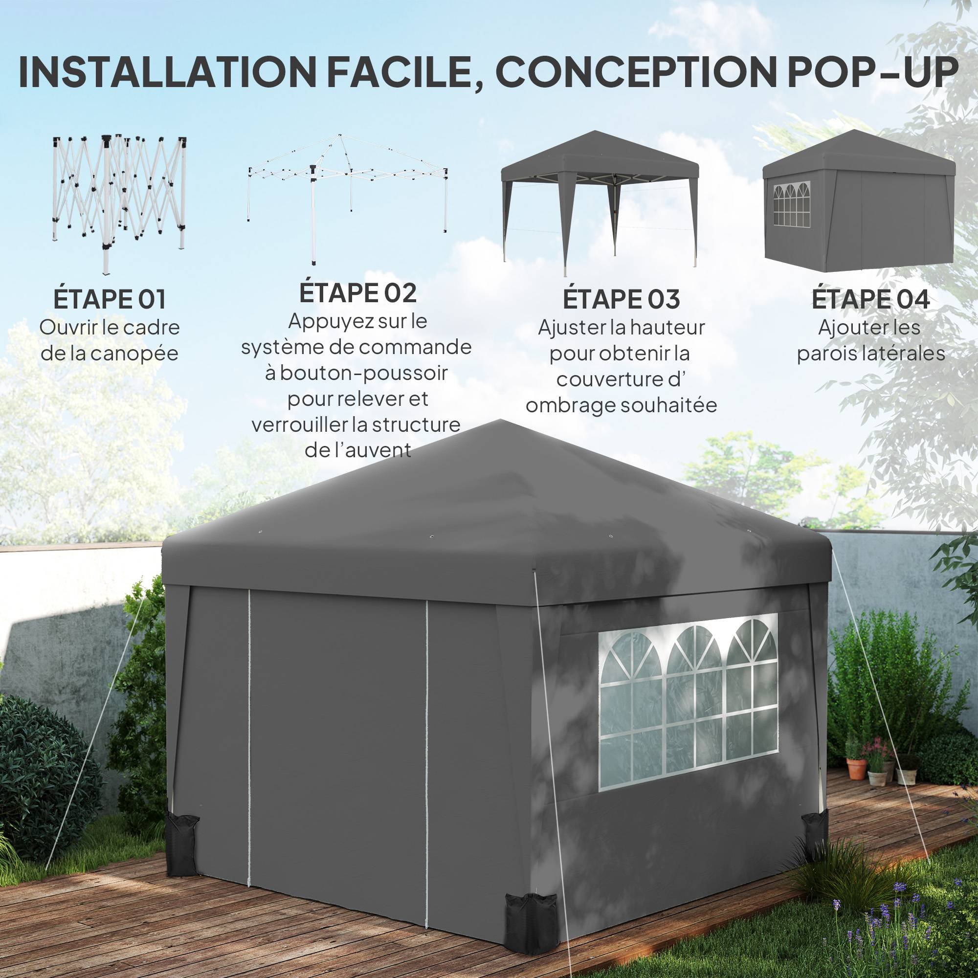 Outsunny - Tonnelle de jardin pop-up pliante 3x3m anti-UV 30+ avec fenêtres parois latérales sac de transport et sacs de sable anthracite - Outsunny - Image 7