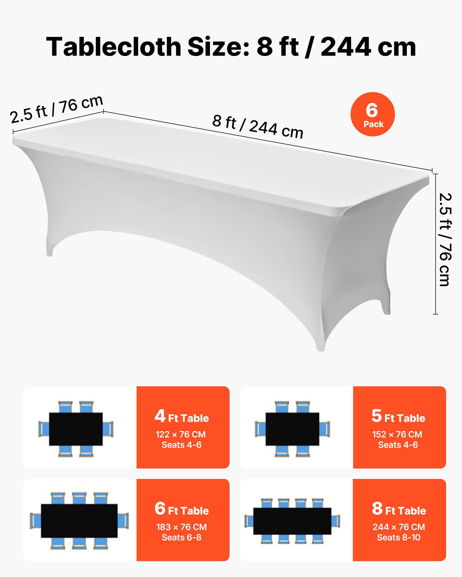 Vevor - VEVOR Nappe extensible en polyester et élasthanne 244 x 76 x 76 cm 6 pcs blanc - Image 4