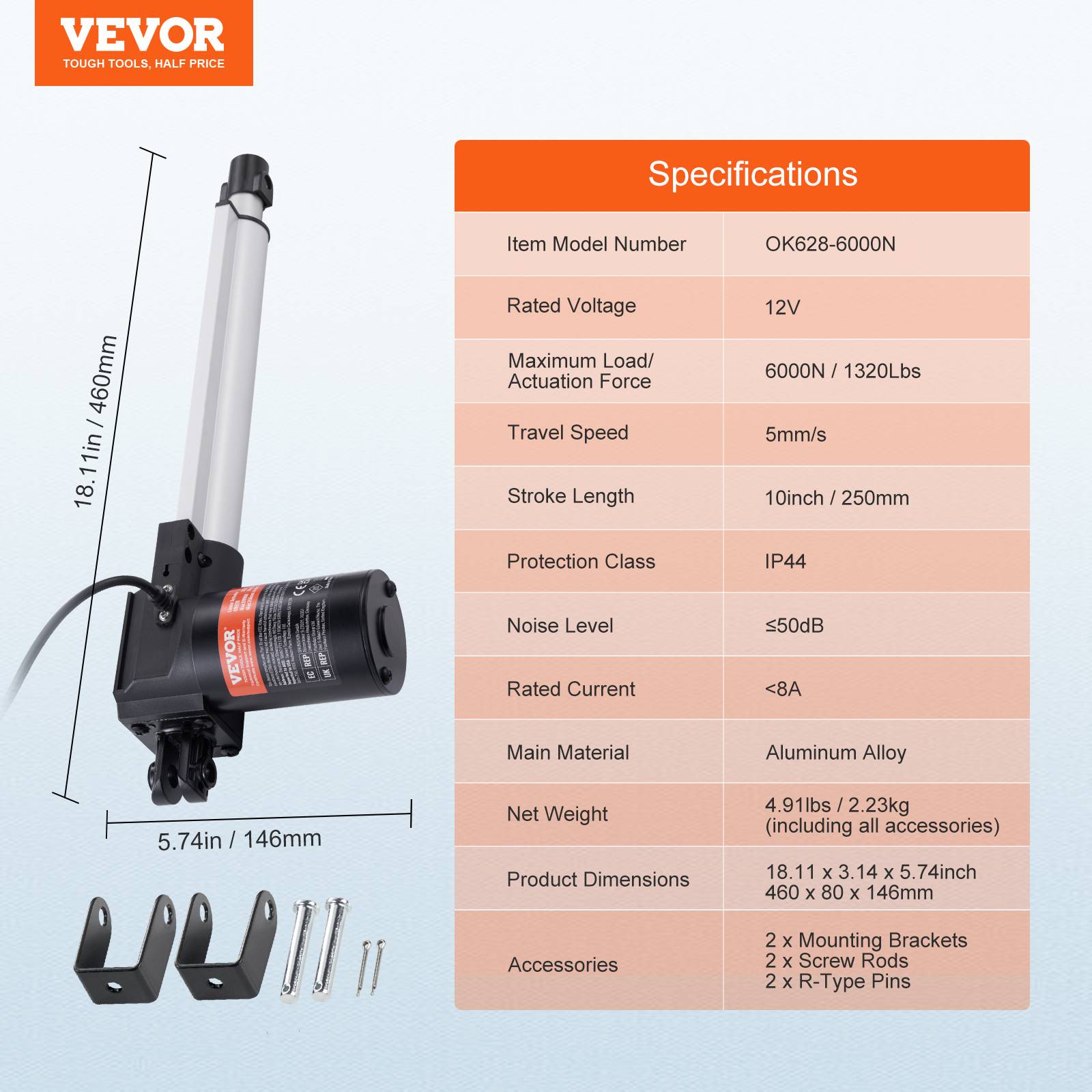 VEVOR Actionneur linéaire 12V 250mm 6000N 5mm/s, IP44, pour portes électriques, machines industrielles, navires. - Image 7