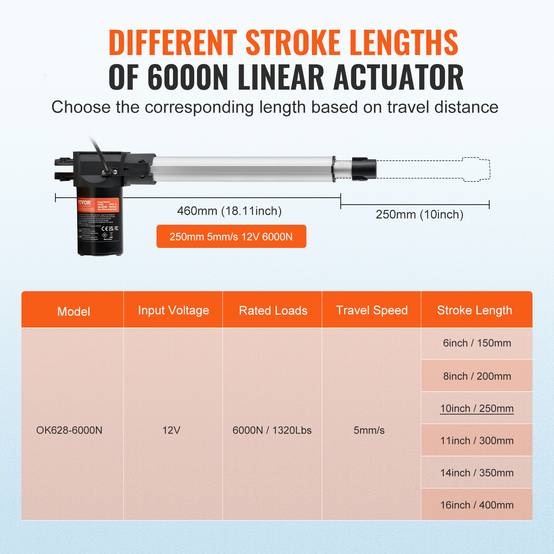 VEVOR Actionneur linéaire 12V 250mm 6000N 5mm/s, IP44, pour portes électriques, machines industrielles, navires. - Image 3