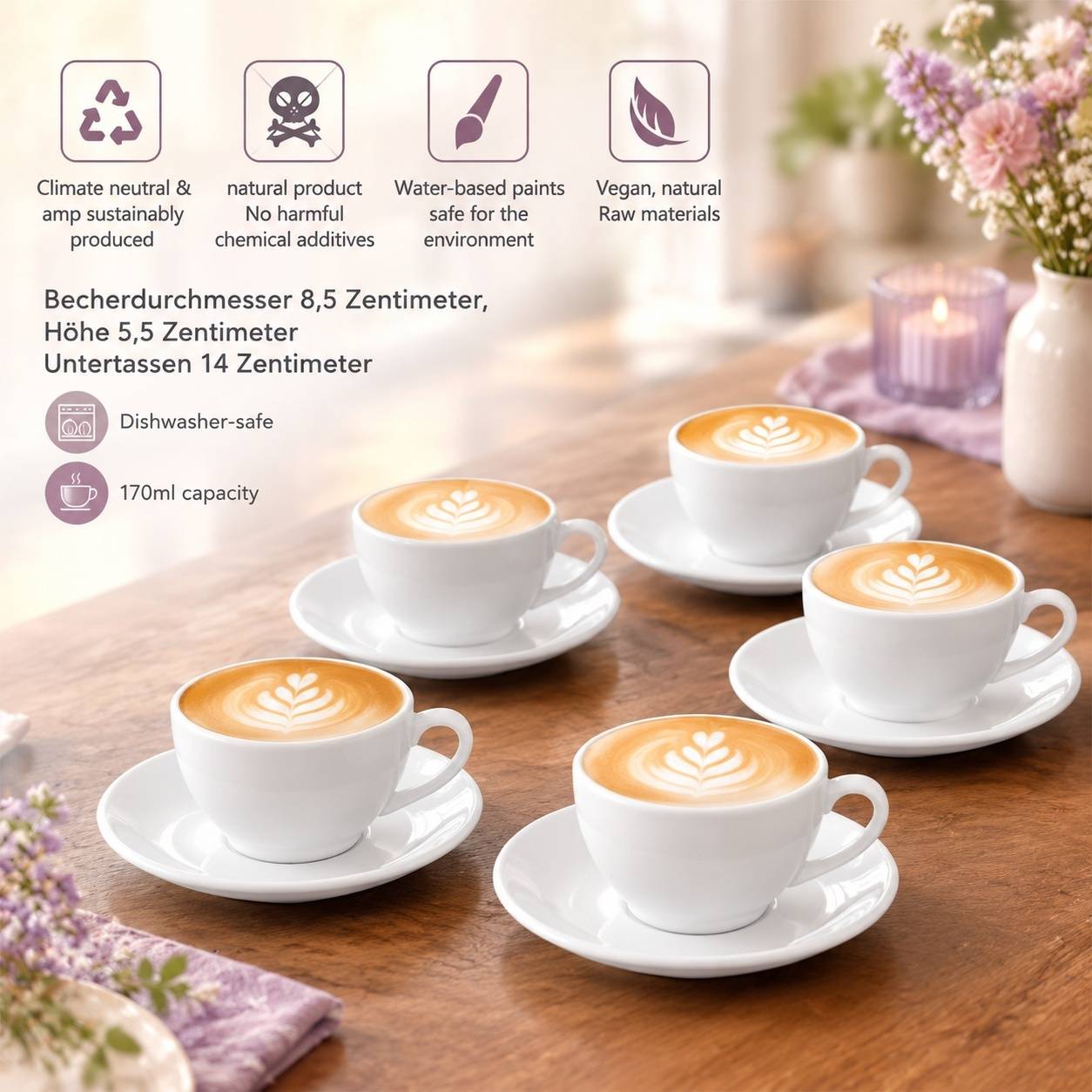 Set de 6 Tasses à Cappuccino en Porcelaine Blanche avec Sous-tasses - Image 2