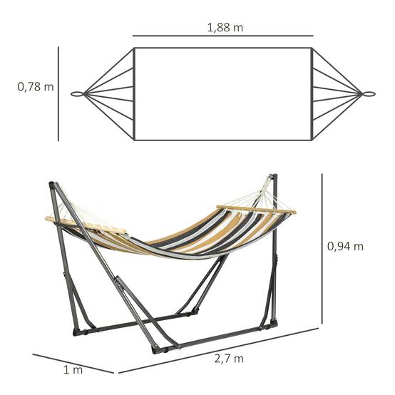 Hamac sur pied acier terrasse détente étendoir pliable 270x100x94cm gris rayé - ComfortXL Outdoor Living - Image 5