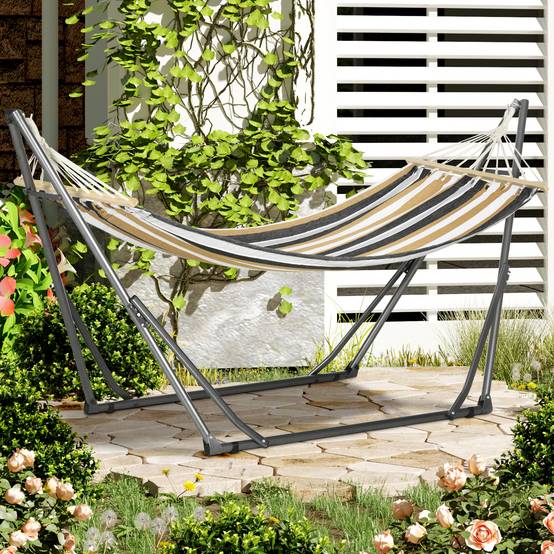 Hamac sur pied acier terrasse détente étendoir pliable 270x100x94cm gris rayé - ComfortXL Outdoor Living - Image 4