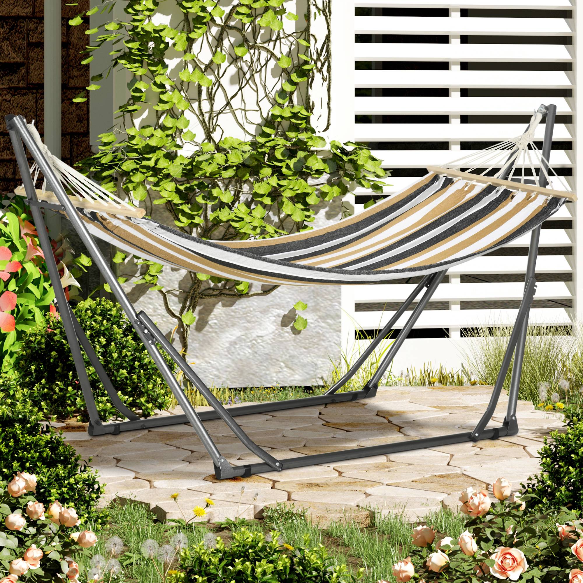Hamac sur pied acier terrasse détente étendoir pliable 270x100x94cm gris rayé - ComfortXL Outdoor Living - Image 4
