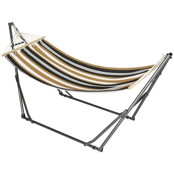 Hamac sur pied acier terrasse détente étendoir pliable 270x100x94cm gris rayé - ComfortXL Outdoor Living - Image 1