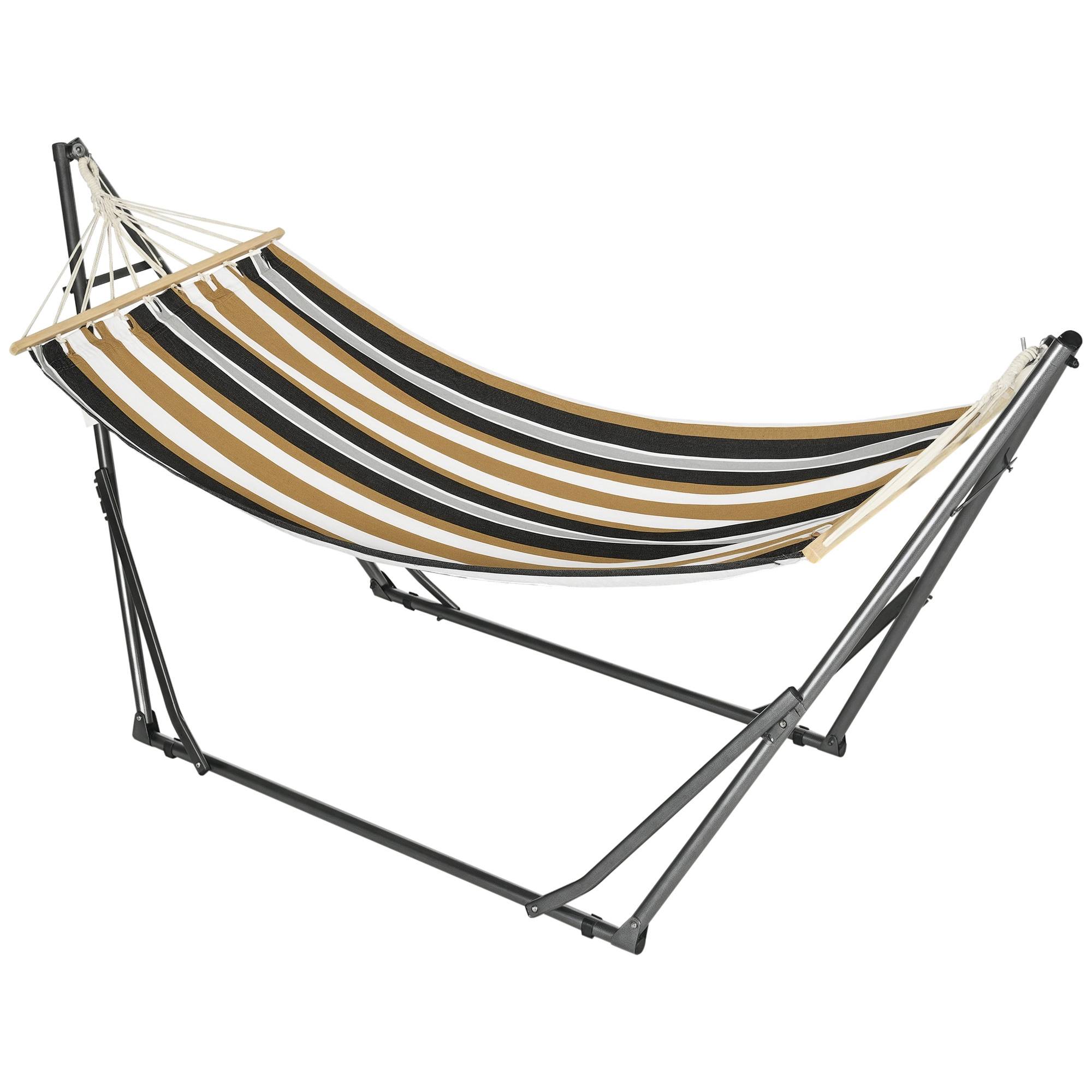 Hamac sur pied acier terrasse détente étendoir pliable 270x100x94cm gris rayé - ComfortXL Outdoor Living - Image 1