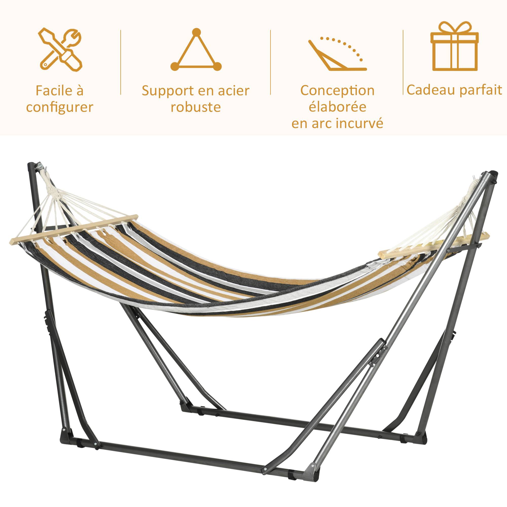 Hamac sur pied acier terrasse détente étendoir pliable 270x100x94cm gris rayé - ComfortXL Outdoor Living - Image 8