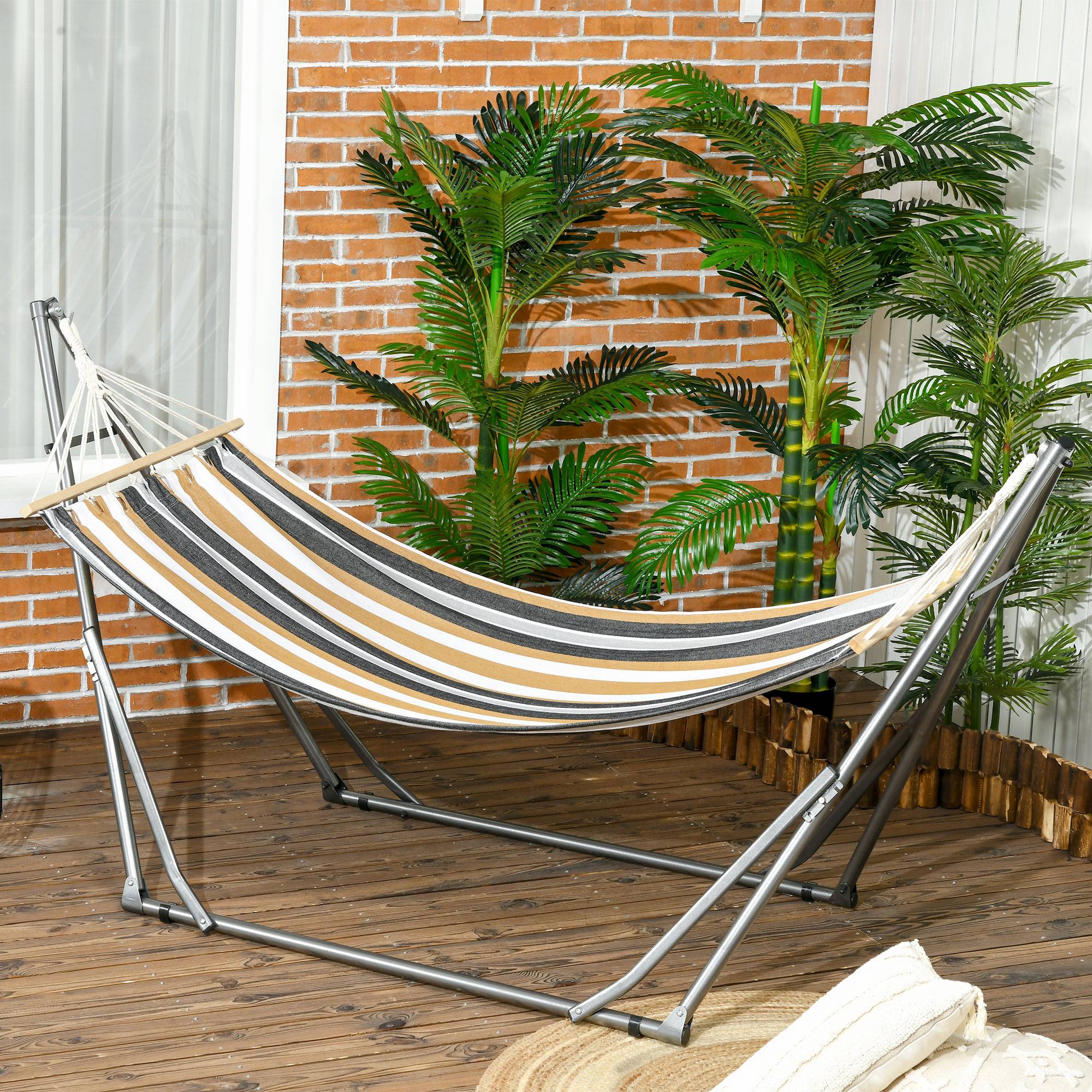 Hamac sur pied acier terrasse détente étendoir pliable 270x100x94cm gris rayé - ComfortXL Outdoor Living - Image 3