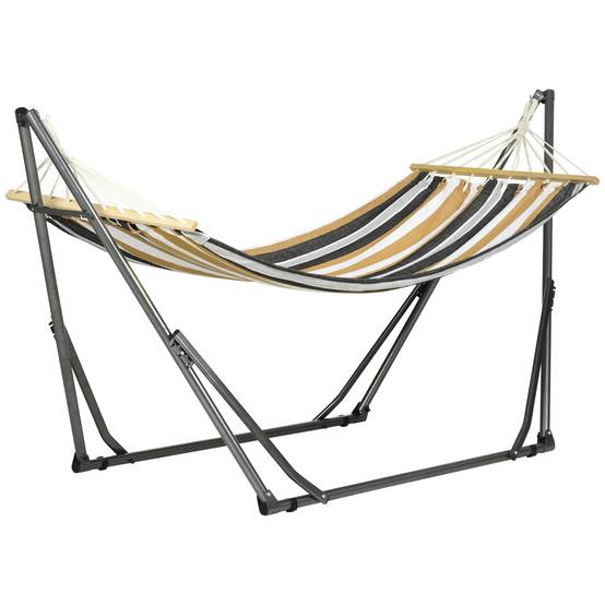 Hamac sur pied acier terrasse détente étendoir pliable 270x100x94cm gris rayé - ComfortXL Outdoor Living - Image 2