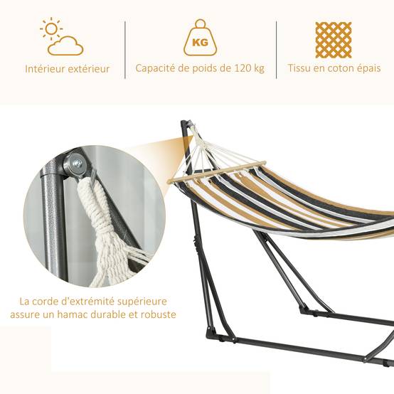 Hamac sur pied acier terrasse détente étendoir pliable 270x100x94cm gris rayé - ComfortXL Outdoor Living - Image 9