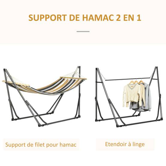 Hamac sur pied acier terrasse détente étendoir pliable 270x100x94cm gris rayé - ComfortXL Outdoor Living - Image 6