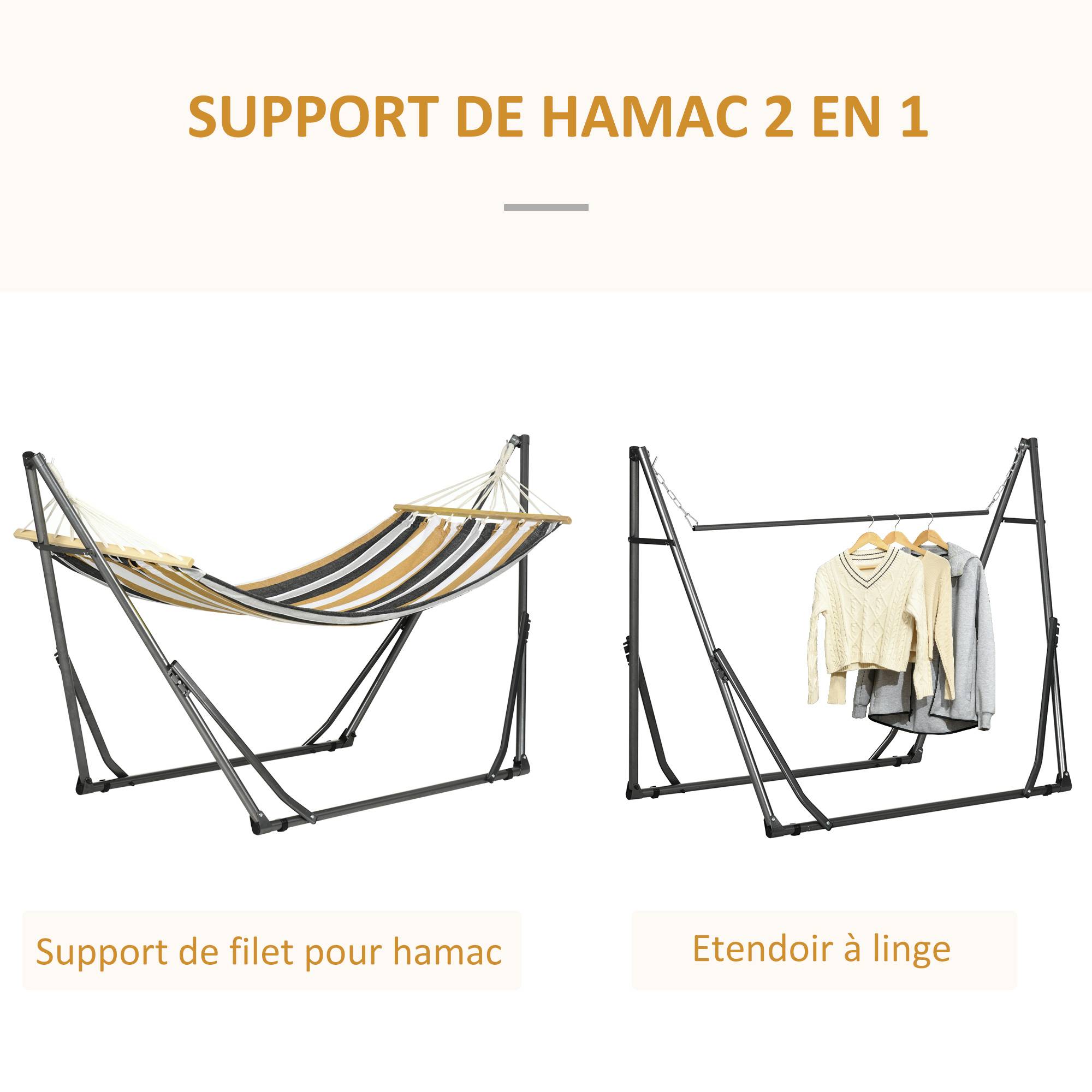 Hamac sur pied acier terrasse détente étendoir pliable 270x100x94cm gris rayé - ComfortXL Outdoor Living - Image 6