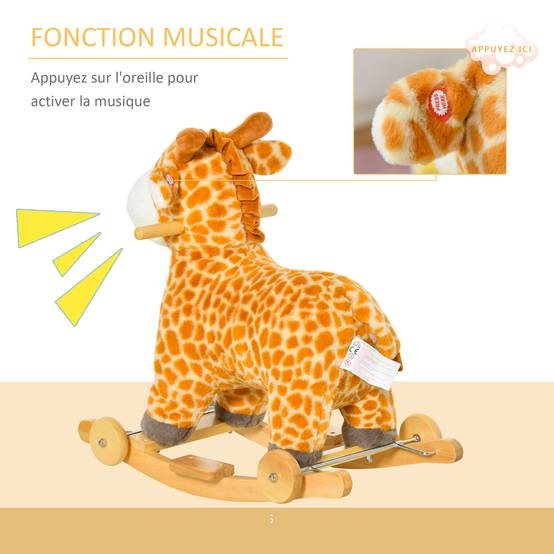 Jouet à Bascule Girafe et Porteur sur roulettes 2 en 1 Fonction sonore mugissement Bois peuplier Peluche Courte Polyester tacheté - Image 9