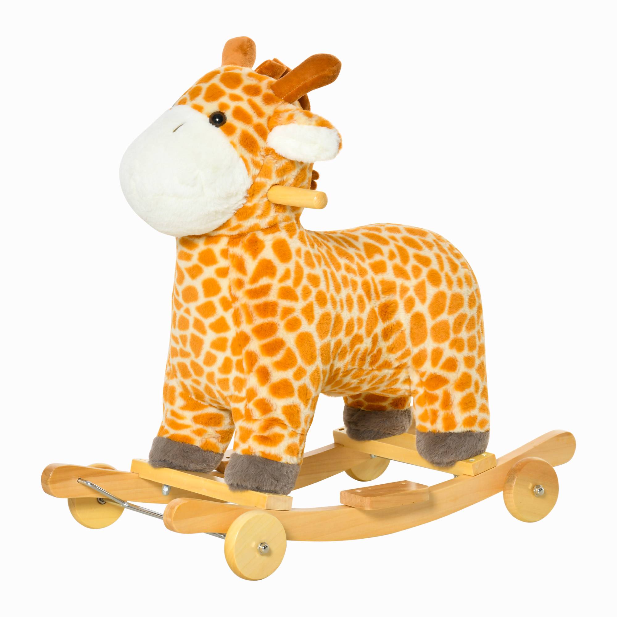 Jouet à Bascule Girafe et Porteur sur roulettes 2 en 1 Fonction sonore mugissement Bois peuplier Peluche Courte Polyester tacheté - Image 2