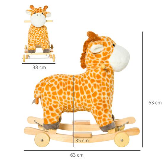 Jouet à Bascule Girafe et Porteur sur roulettes 2 en 1 Fonction sonore mugissement Bois peuplier Peluche Courte Polyester tacheté - Image 5