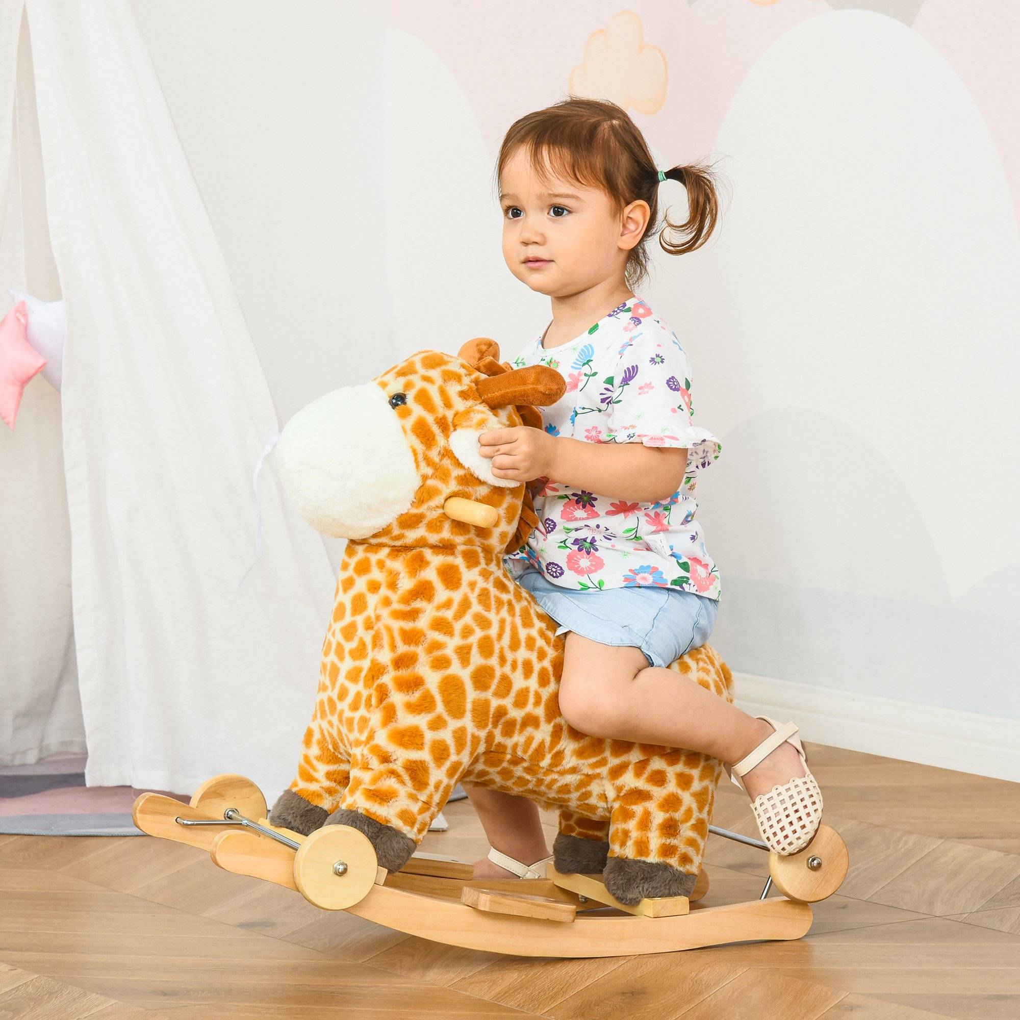 Jouet à Bascule Girafe et Porteur sur roulettes 2 en 1 Fonction sonore mugissement Bois peuplier Peluche Courte Polyester tacheté - Image 3